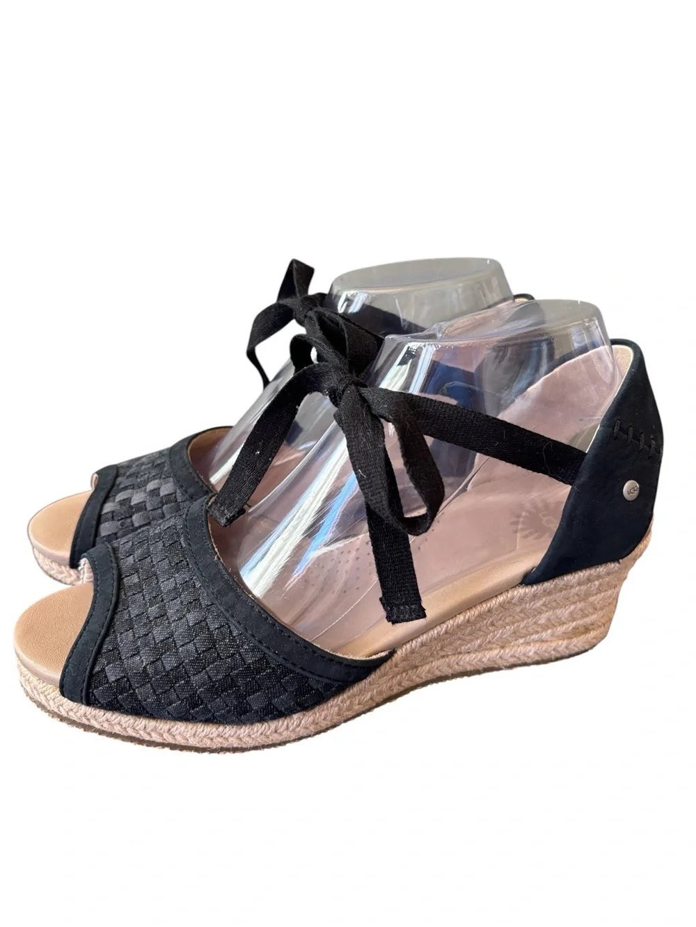UGG Delmar‎ Black Espadrille Woven Jute Wedge Ankle Tie Sandal Size 8